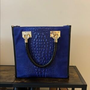 Blue and Black Textured Tote with Gold Hardware